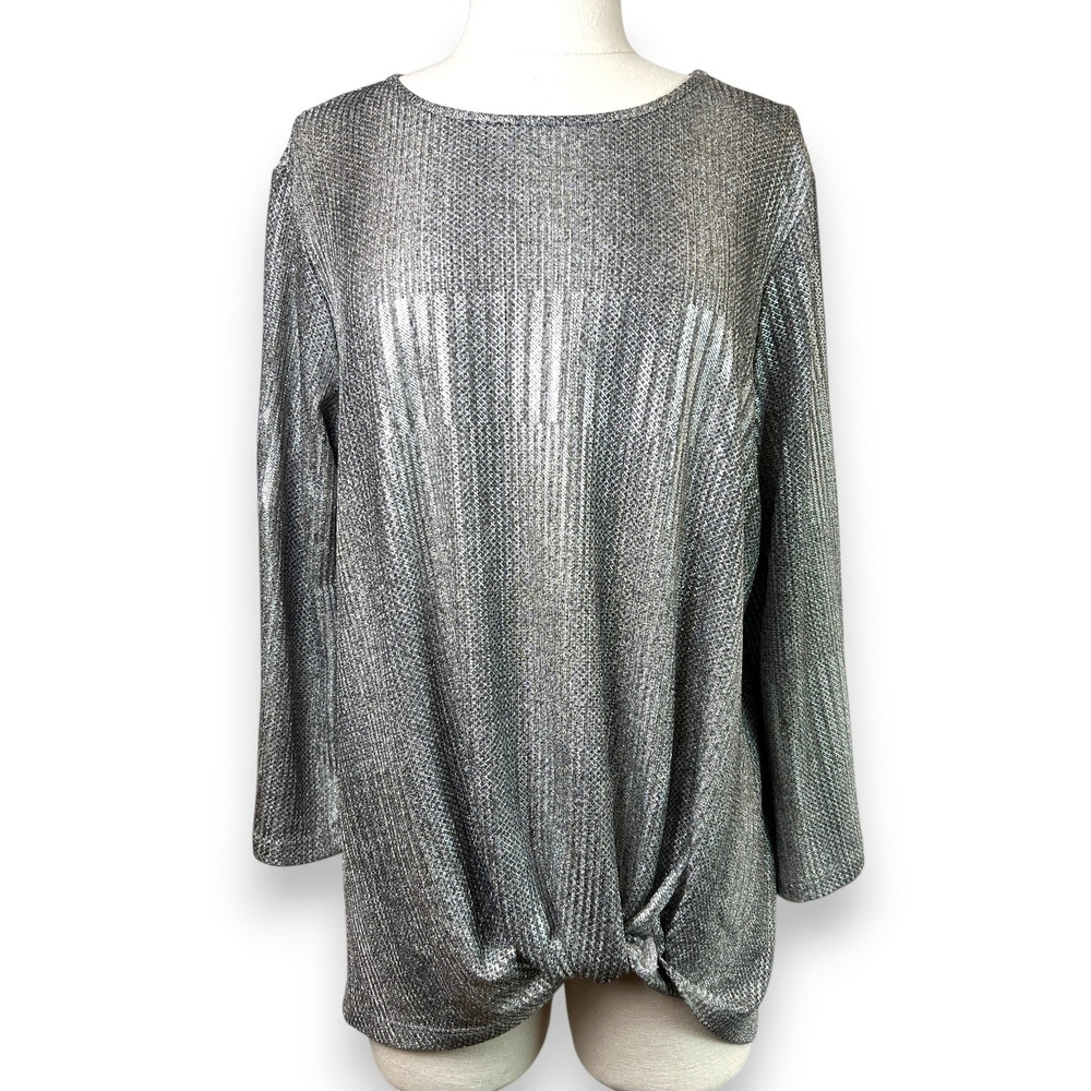 Clara Sunwoo Front Knot Bell Sleeve Tunic Women Medium Silver Metallic Party Lux